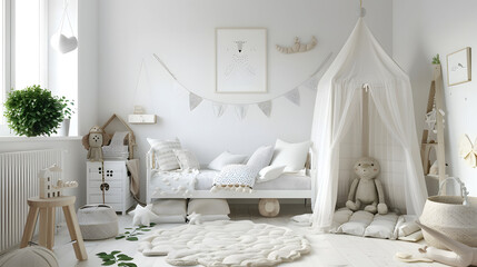 Minimal yet enchanting nursery room designed with whimsical decorations, plush toys, and cozy textiles creating a nurturing and soft space - obrazy, fototapety, plakaty