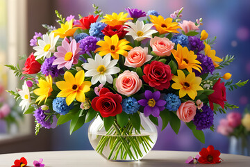 large bright festive spring bouquet of different flowers in a glass vase on the table, bloom, romantic surprise, colorful