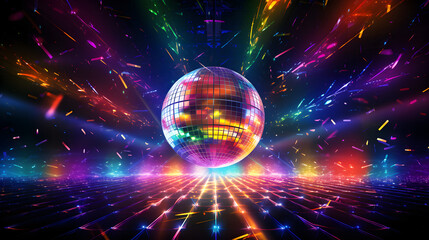 A disco ball glows in the club, sparkling with rainbow colors. Concept of holiday, fun and entertainment - obrazy, fototapety, plakaty