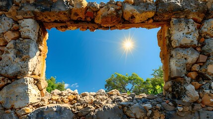 Sunny day through ancient stone ruins window, blue sky, natural frame, historic tourism concept. AI