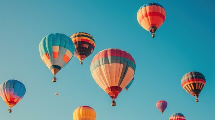 Naklejka premium A cluster of vibrant hot air balloons floats serenely in a clear blue sky, offering a sense of adventure and freedom.