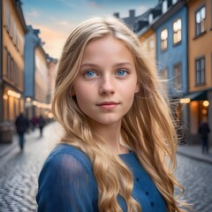 An enchanting Swedish girl with golden locks cascading down her shoulders, her blue eyes twinkling...