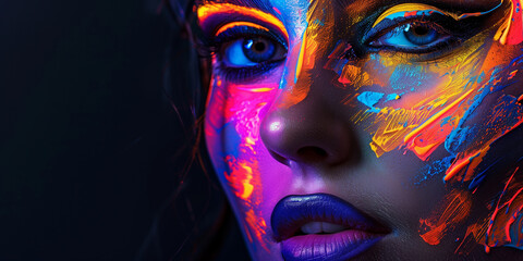 Fashion model woman in neon light, portrait of beautiful model girl with fluorescent makeup, Body art design in UV, painted face, colorful make up, over black background 