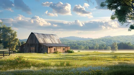 Fototapeta premium A serene landscape featuring an old barn amidst a field of wildflowers with a backdrop of lush hills under a partly cloudy sky.