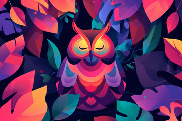 Fototapeta premium Illustration of an owl sleeping on a tree branch. Vibrant color image with cheerful mood.