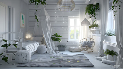 Fototapeta na wymiar Airy white bedroom exuding a serene atmosphere with a hanging chair and green plants