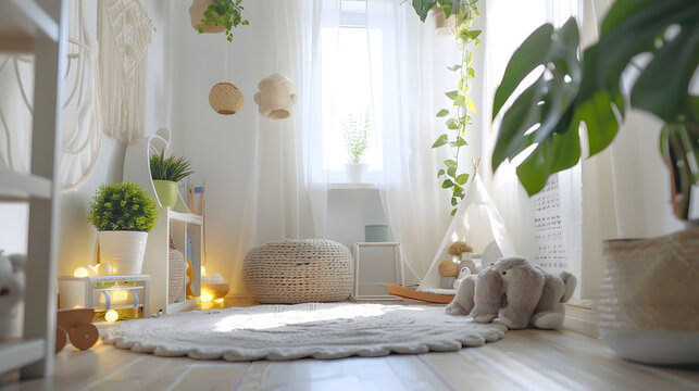 A children's play area filled with soft toys, neutral colors, and a focus on natural materials and lighting