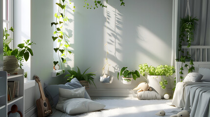Sunshine pours in through the window on a cozy children's corner with hanging greenery, stuffed animals, and a guitar leaning against the wall