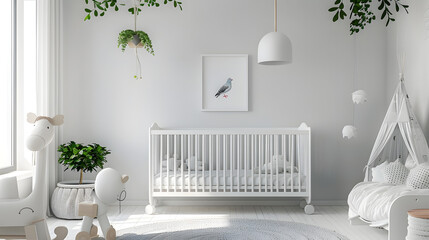 White and airy baby's room with a welcoming crib, soft plush toys, and decorative houseplants, signifies a tranquil space