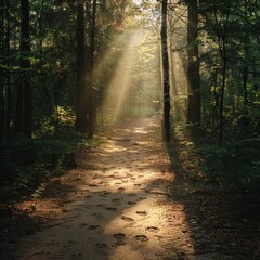 Fototapeta premium A hiking trail in a dense forest in the early morning.