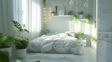 Dreamy bedroom ambiance with a comfy bed, star-shaped lights, and natural greenery that bring a magical and tranquil space for rest