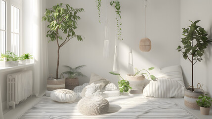 Airy and serene bedroom showcasing a botanical theme with multiple plant species and soft, natural textures for a peaceful vibe