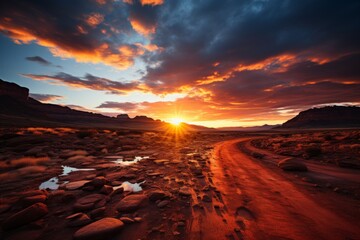 Sun setting on desert horizon, casting warm light on dirt road
