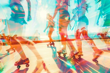 group of young people rollerskating along the beach, sunny california vibe, motion blur