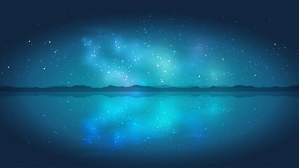 水面に映る青い満点の星空の天の川と山並みのシルエット