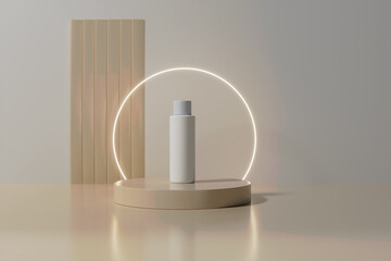 Bottle on beige geometric podium on beige background. 3d render
