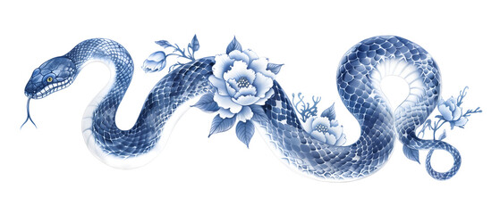 Minimalist delicate snake and flowers horizontal illustration. Blue and white porcelain style oriental tattoo sketch. Chinese New Year 2025 Zodiac Snake.