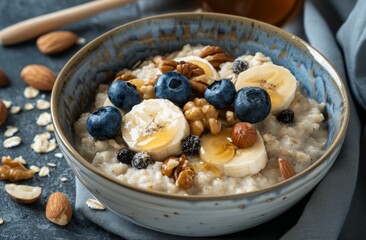 eine Frühstücksschüssel mit Blaubeeren und Bananen, a breakfast bowl with blueberries and bananas, - obrazy, fototapety, plakaty