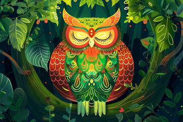 Illustration of an owl sleeping on a tree branch. Vibrant color image with cheerful mood.