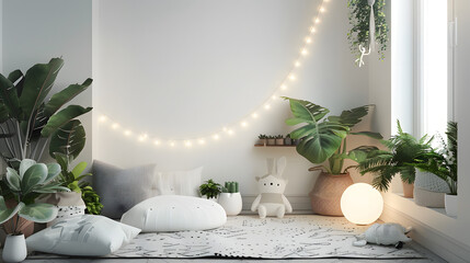 A snug nook featuring a variety of cushions, string lights, and plants offers a warm, inviting atmosphere