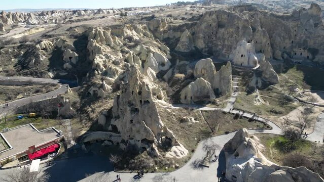 Aerial view of Cappadocia Goreme Open Air Museum on a sunny day.