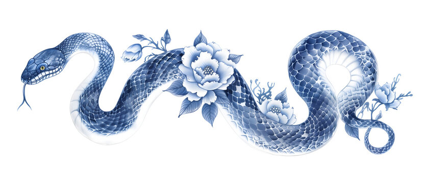 Minimalist delicate snake and flowers horizontal illustration. Blue and white porcelain style oriental tattoo sketch. Chinese New Year 2025 Zodiac Snake.