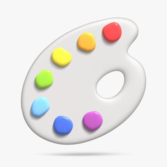 White palette 3d icon with rainbow paint. Creative tools for drawing, painting. Main tool of creative person. Realistic isolated vector illustration for card, party, design, flyer, web, advertising