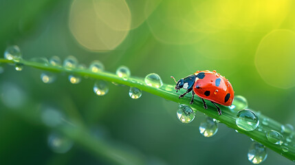 ladybug in the grass with dew drops. flowers, insects, dew, raindrops. picture. painting for offices, beauty salons, residential premises. - obrazy, fototapety, plakaty