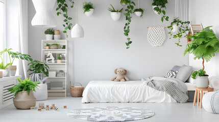 Spacious child's bedroom with neutral colors and plant decorations providing a refreshing and calming space
