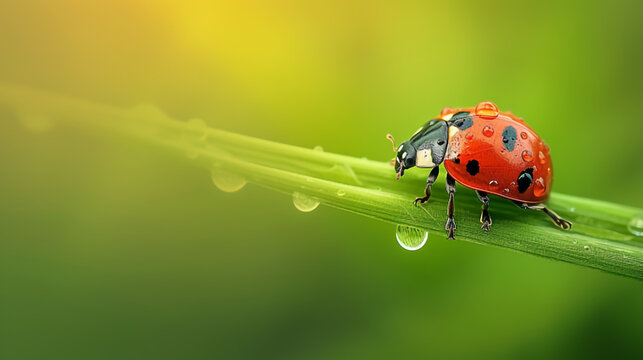 ladybug in the grass with dew drops. flowers, insects, dew, raindrops. picture. painting for offices, beauty salons, residential premises.
