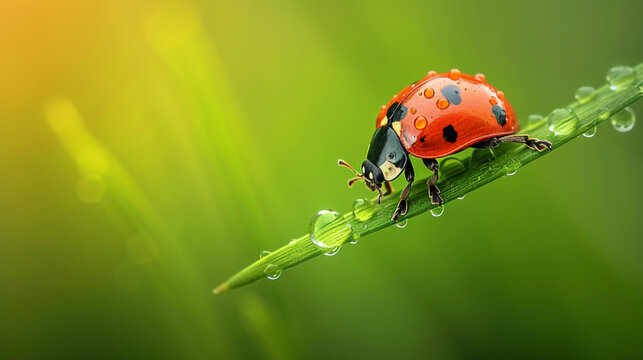 ladybug in the grass with dew drops. flowers, insects, dew, raindrops. picture. painting for offices, beauty salons, residential premises.
