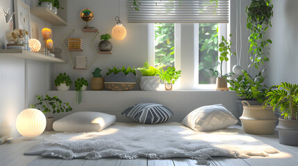 Peaceful corner of a room dedicated to relaxation adorned with comfy cushions, throws, and ample greenery