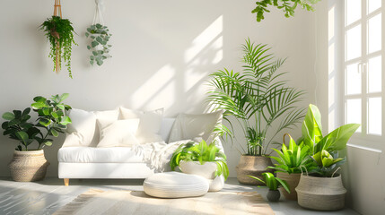 An airy living room with a pristine white sofa surrounded by vibrant potted plants and subtle natural decor