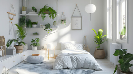A modern and serene white bedroom, with green plants adorning floating shelves and a cozy bed