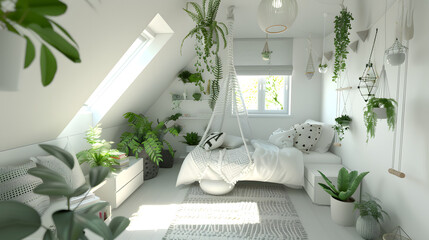 Dreamy attic bedroom featuring a serene white palette, swinging chair, and an abundance of indoor plants for a nature-inspired retreat