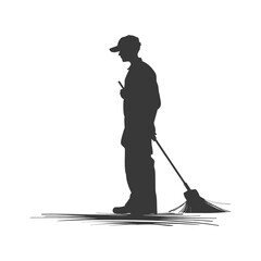 Silhouette janitor sweeps the floor black color only full body