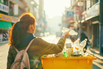 Rear view of a woman depositing a plastic bottle in a yellow container in an urban setting. Soft focus. Recycling concept.