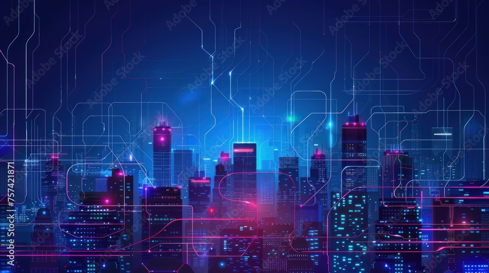 Poster big data connection in a very smart and advanced city. generate ai image