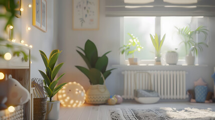 A warm and inviting bedroom interior bathed in sunlight, decorated with an array of green houseplants creating a serene atmosphere