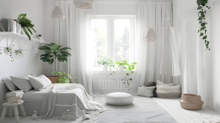 An airy and bright bedroom filled with lush green plants enhancing the white decor for a clean and invigorating space