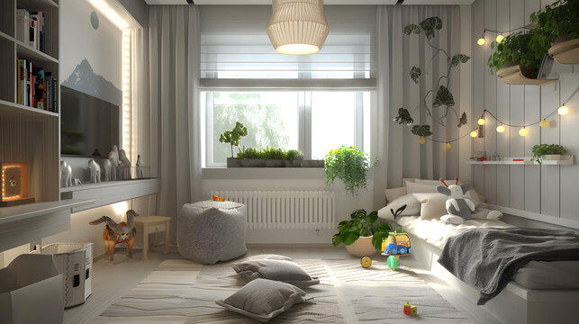 A child's bedroom filled with whimsical toys, comfortable bedding, and refreshing greenery to inspire creativity and fun