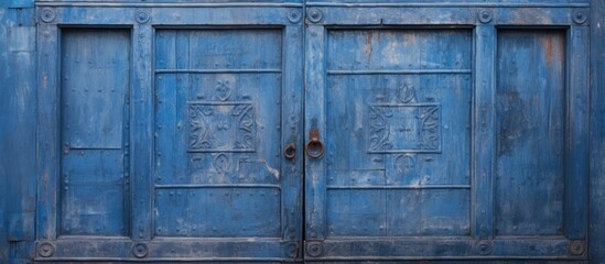 A closeup of a rectangular blue wooden door with an electric blue lock. The facade has a symmetrical design with tints and shades of blue, showcasing the composite material used