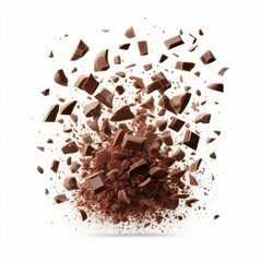Fototapeta premium Flying small Chocolate crumbs and pieces isolated on a white background