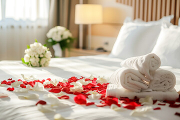 Hotel bed adorned with scattered rose petals and a neatly folded towel on top, creating a romantic and intimate atmosphere. Honeymoon concept.