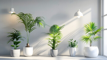 A serene setting showcasing a variety of indoor plants in modern white pots against a plain wall with sunlight