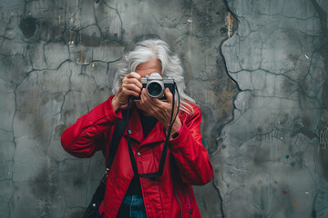 A trendy senior woman with silver hair in red jacket captures the world through her lens and camera, textured backdrop. Hobbies and leisure activities