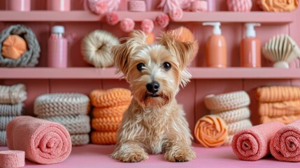 Small Dog Sitting in Front of Shelf of Towels