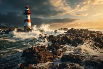 Fototapeta na wymiar Lighthouse beacon amid crashing waves on rocky shore, under cloudy sky