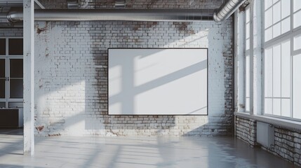 A white blank computer screen in an office with brick wall background. AI generated image