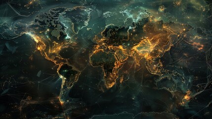 Network connected world map with gold color for technology concept. Generate AI image